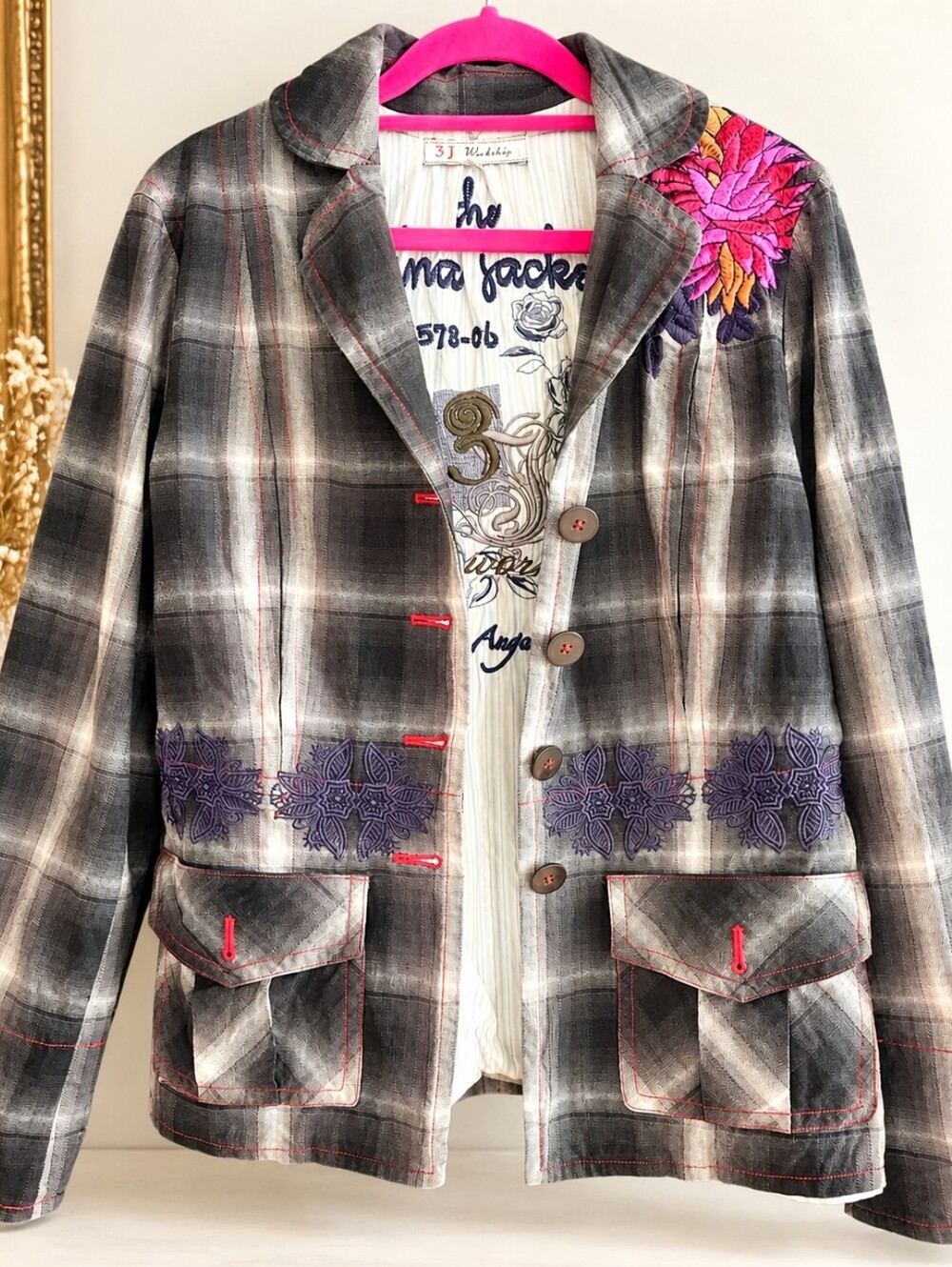 3J Workshop by Johnny Was Mina Jacket / Embroidered Plaid Blazer Y2K Boho Size M